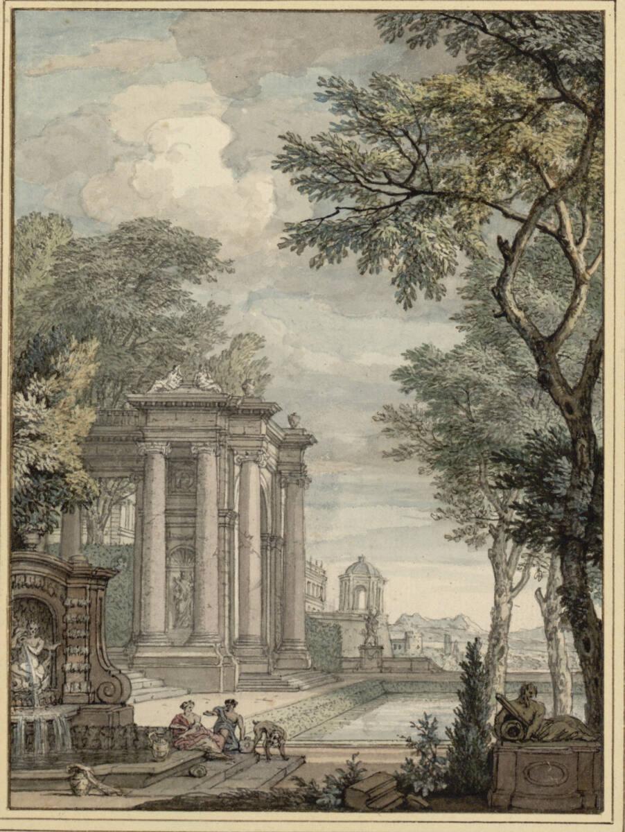 Isaac de Moucheron, Schloßpark mit Brunnen und Prunkportal an einem Bassin, Inv. Nr.: 10488