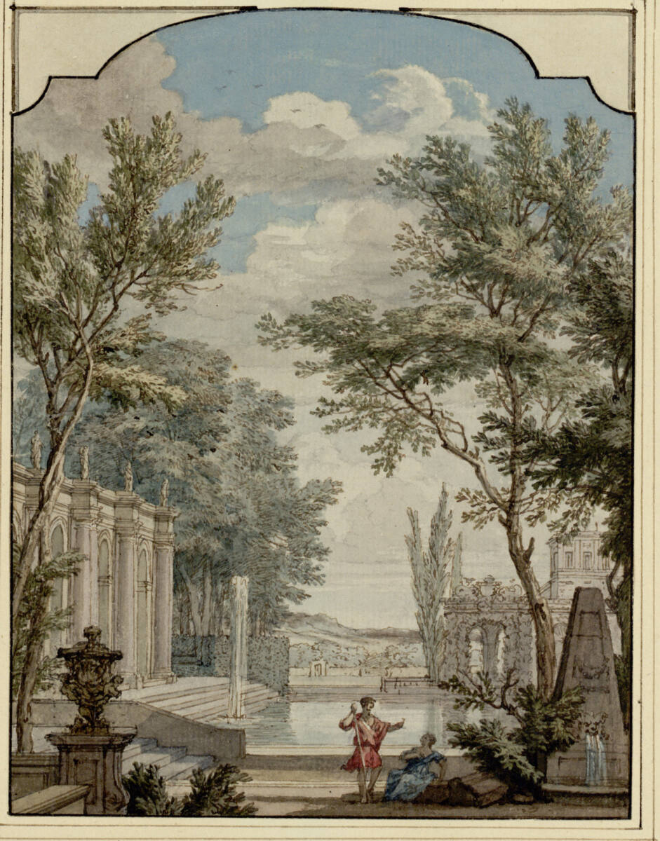 Park mit Prunkarchitektur um ein großes Bassin mit Fontäne, vorne ein Schäferpaar, Isaac de Moucheron