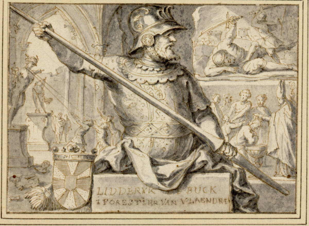 Halbfiguriger Ritters auf einem Podest, drei Hintergrundszenen: Zerstörung heidnischer Götterstatuen, David und Goliath, Taufszene, Jan Claudius de Cock