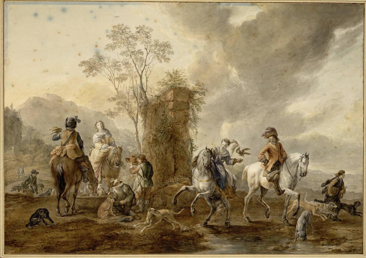 Nicolaas Verkolje, Zwei berittene Paare mit Jagdfalken, an einem Brunnen haltend, Inv. Nr.: 105…