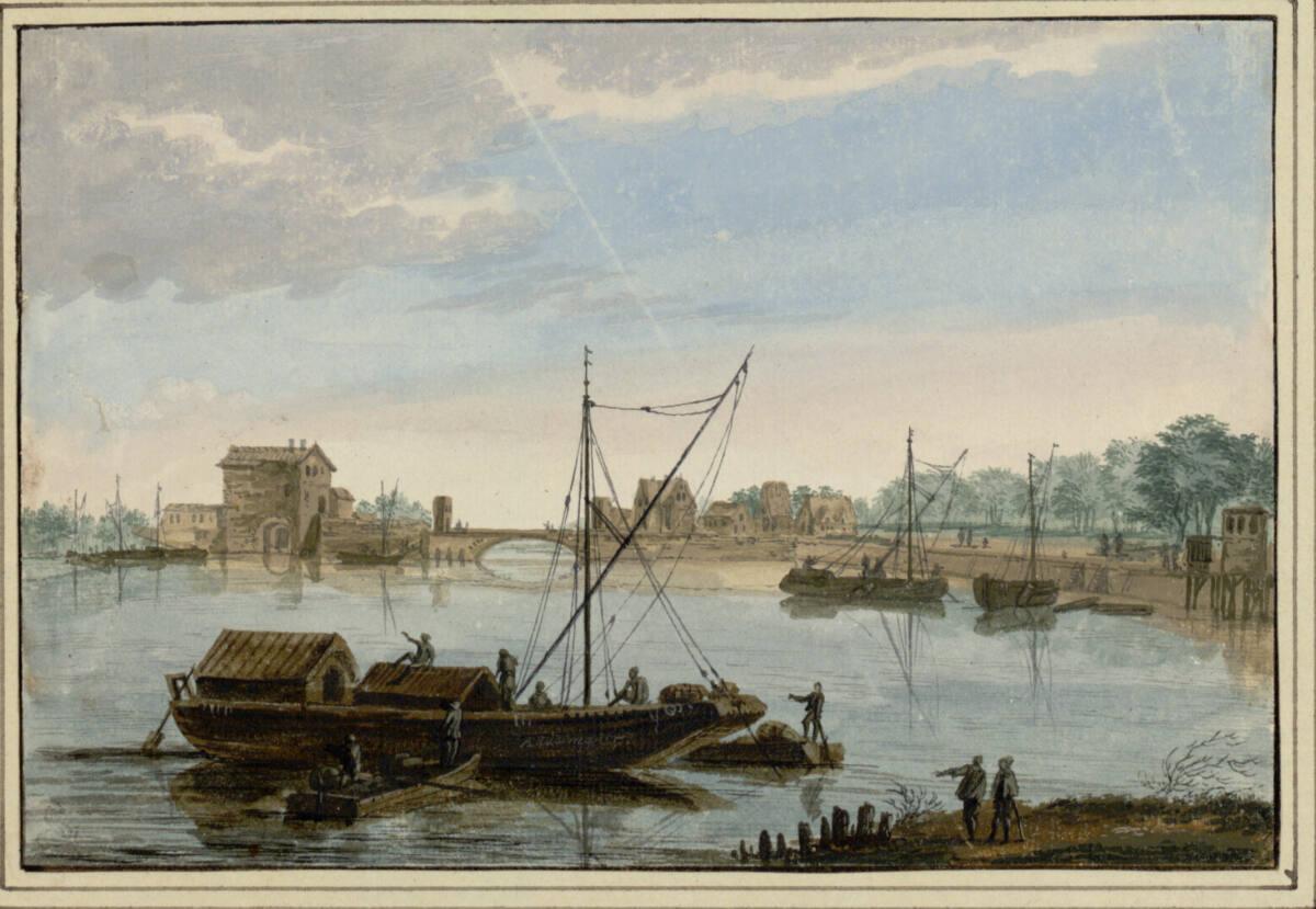 Abraham Rademaker, Landschaft mit Hafen und großem Frachtkahn im Vordergrund, Inv. Nr.: 10528