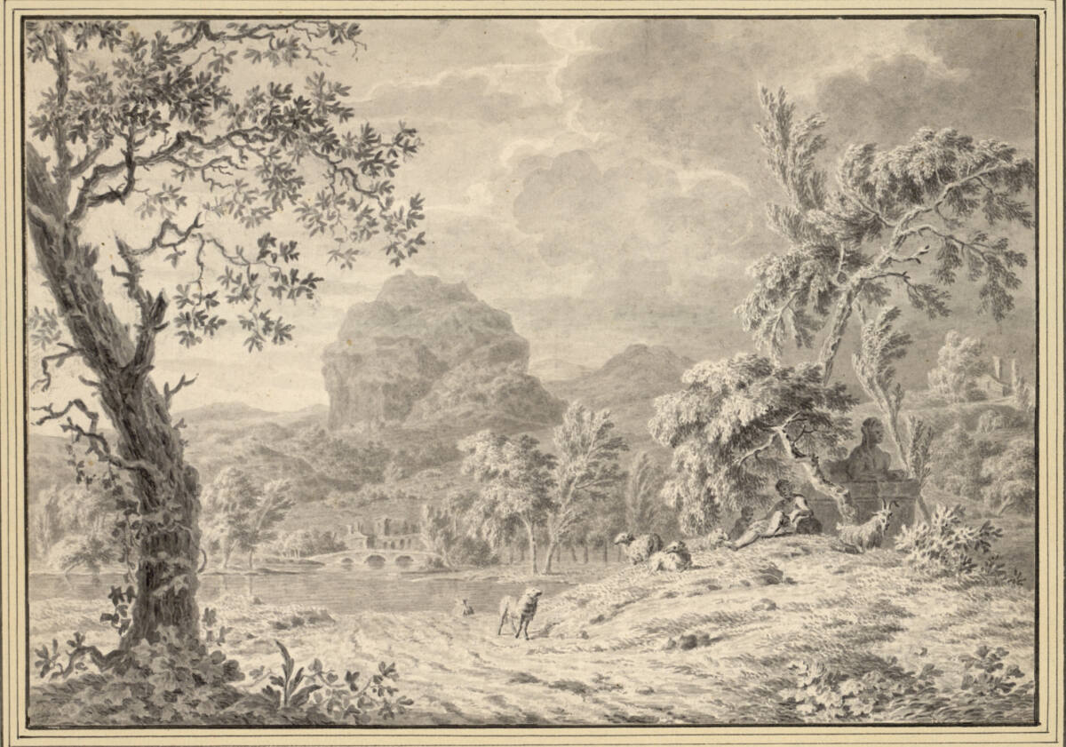 Arkadische Landschaft mit aufziehendem Gewitter und unter einem Bäumchen sitzendem Hirten, Jan van Huysum