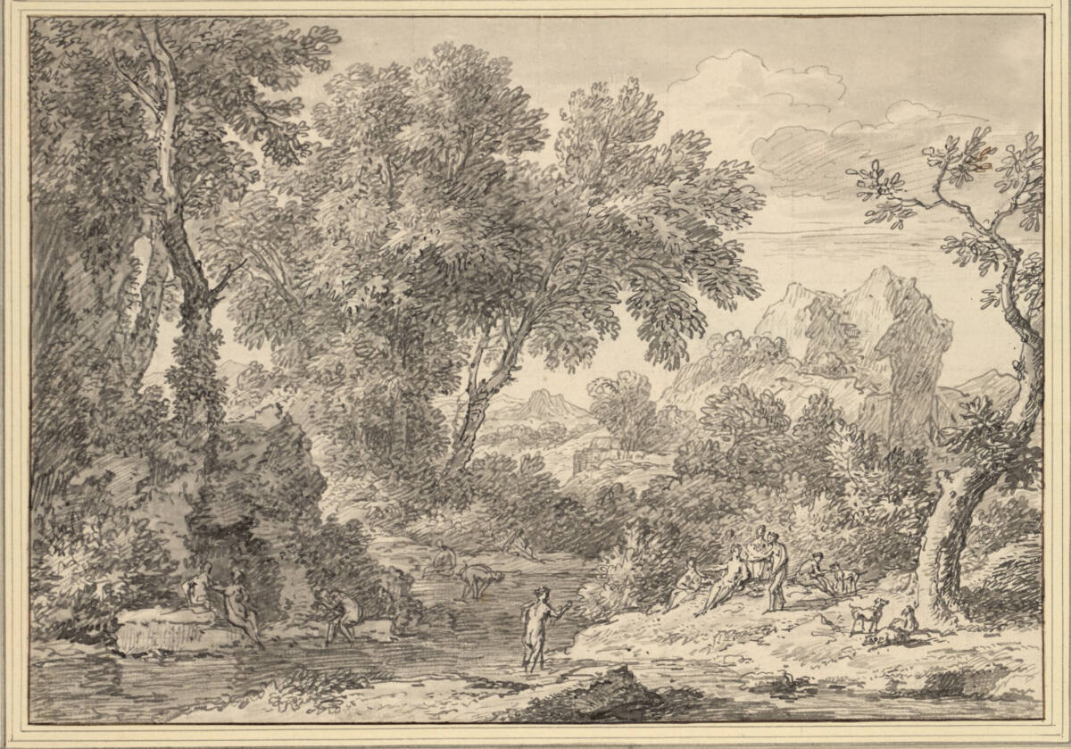 Arkadische Landschaft mit badenden Jungfrauen - Diana mit Gefolge ?, Jan van Huysum