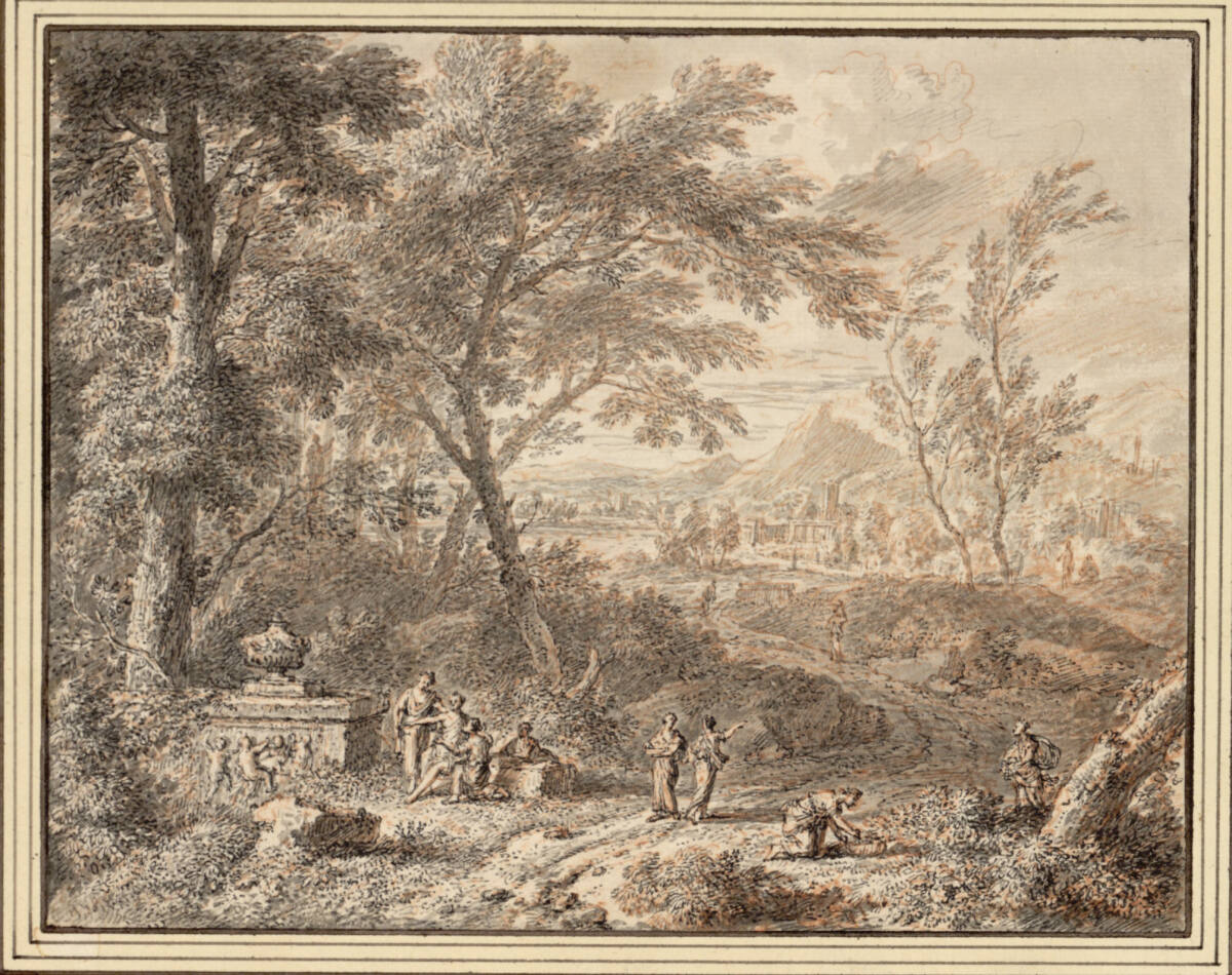 Arkadische Landschaft mit Grabmal und Blumenpflückerinnen, Jan van Huysum