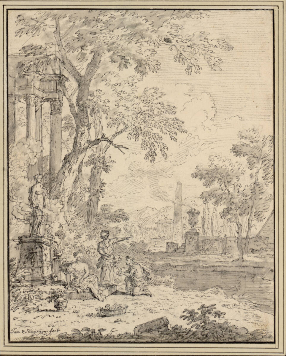 Arkadische Landschaft mit drei Figuren vor einer Götterstatue, in der Ferne ein Obelisk, Jan van Huysum