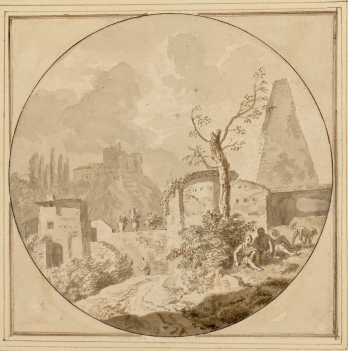Südliche Berglandschaft mit Häusern und Pyramide (Rundformat), Jan van Huysum