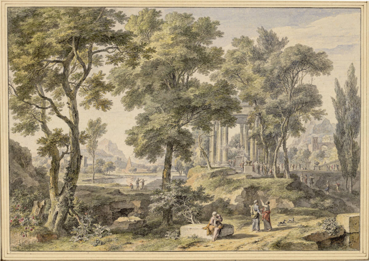 Arkadische Landschaft mit Opferfeier vor einem Rundtempel im Hintergrund, Jan van Huysum