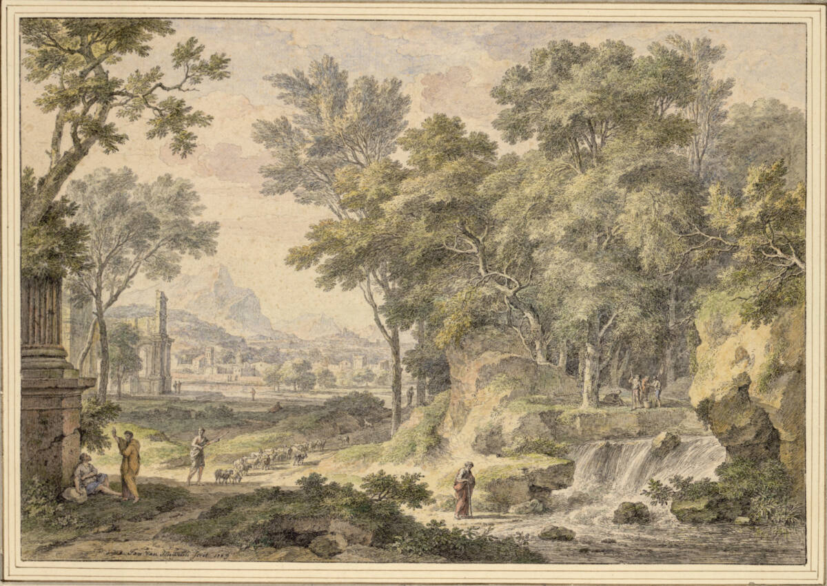 Arkadische Landschaft mit Ruinen, Schafhirten und kleinem Wasserfall, Jan van Huysum, 1729