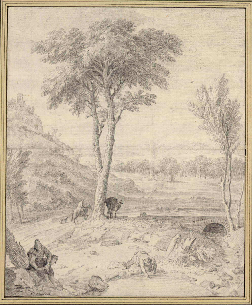 Südliche Landschaft mit Dornauszieher und Wäscherin am Wasser, Jan van Huysum