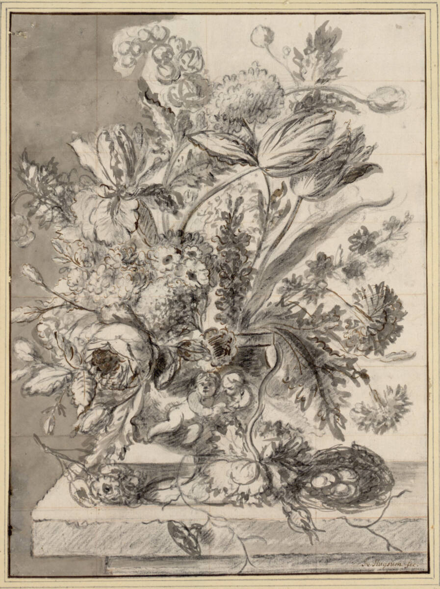 Blumenstillleben - Vase mit Puttenrelief, auf einer Steinplatte stehend, Jan van Huysum