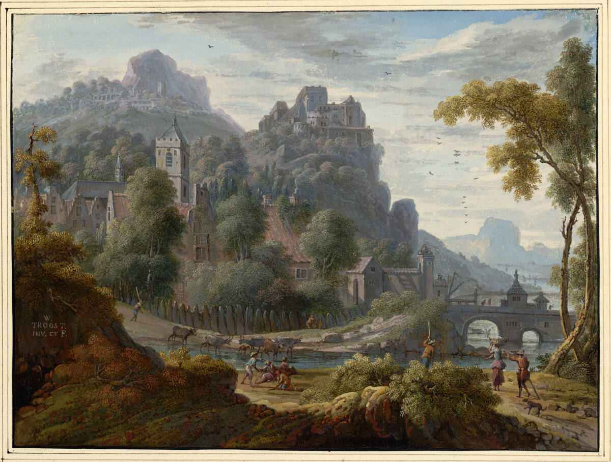 Phantastische Flußlandschaft mit Stadt, Bergen und Höhenburg, WillemTroost