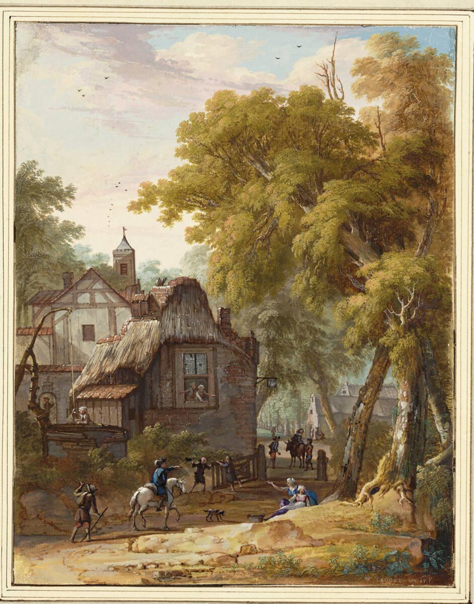 Willem Troost, Dorfstraße unter Bäumen, mit Ziehbrunnen und reicher Staffage, Inv. Nr.: 10566