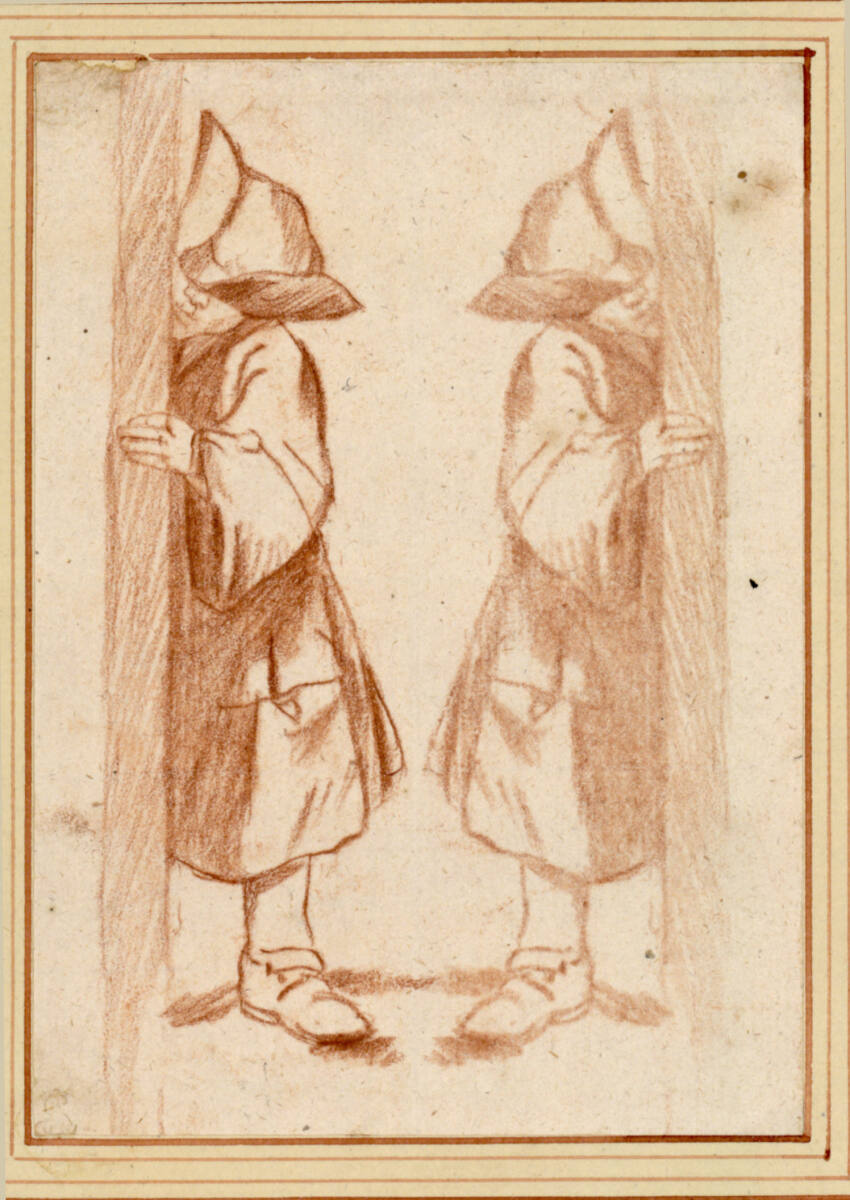Knabe mit Dreispitz, um eine Mauerecke spähend; Gegendruck in der rechten Blatthälfte, Jan Josef Horemans