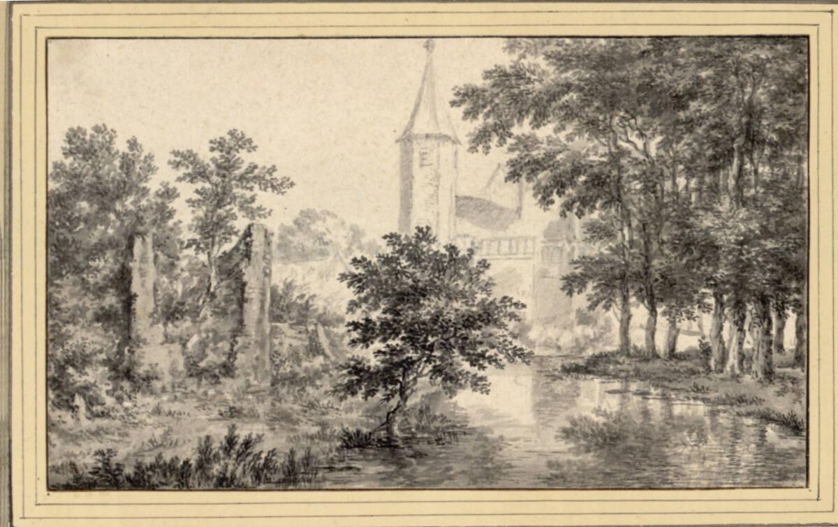 Dirck Dalens (III), Waldstück an einem Bach, ein Kirchturm im Hintergrund, Inv. Nr.: 10596