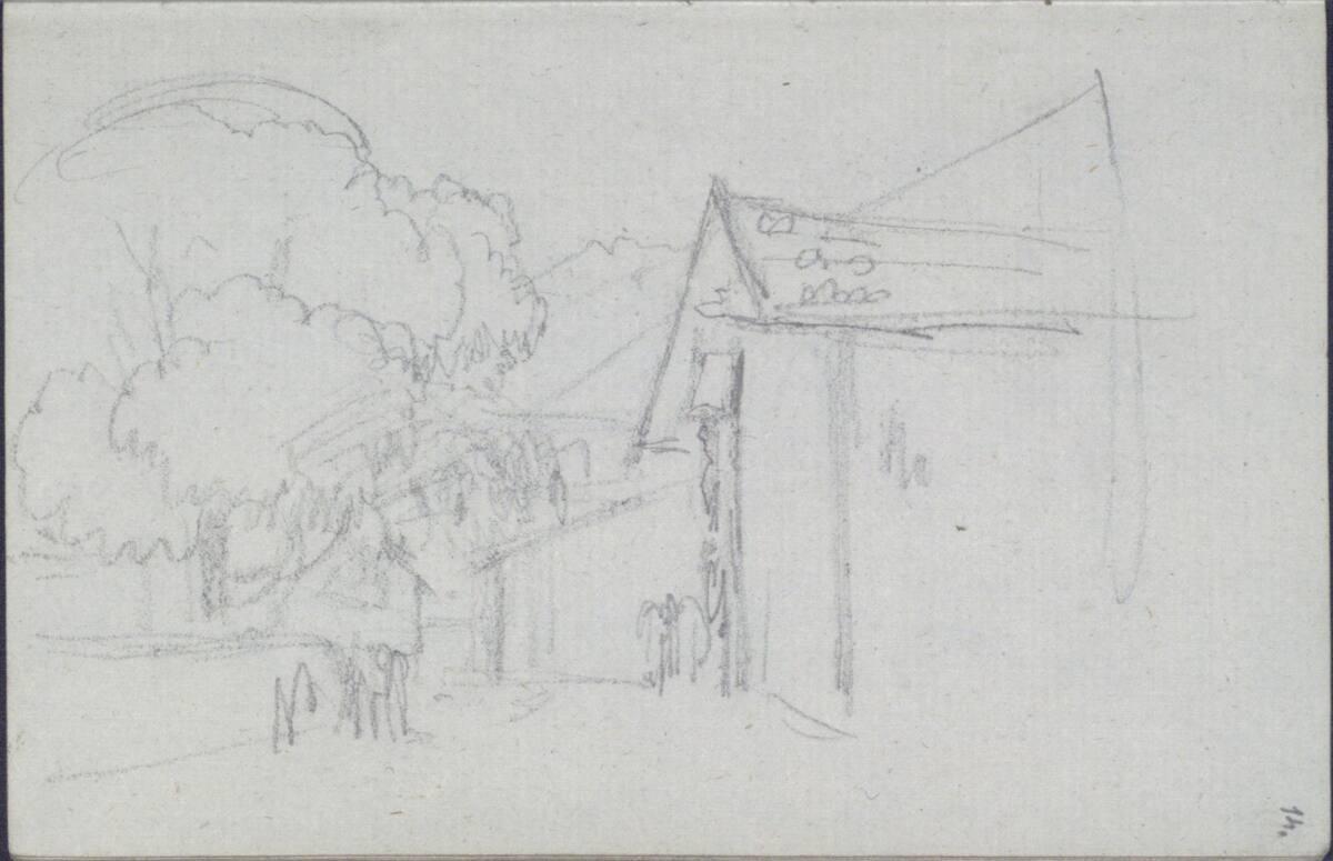 Carl Gauermann, Grobe Skizze mit Baum und Architektur, Inv. Nr.: 25669/14r