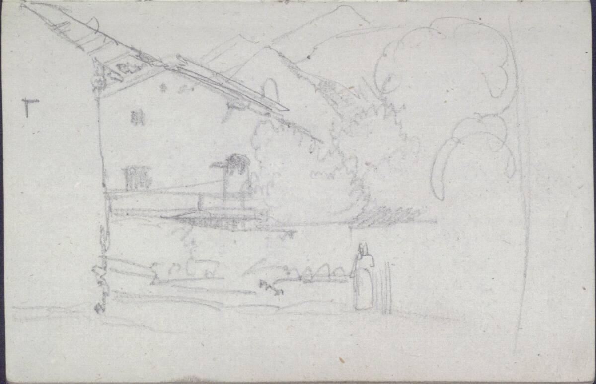 Carl Gauermann, Grobe Skizze mit Figur und Architektur, Inv. Nr.: 25669/14v