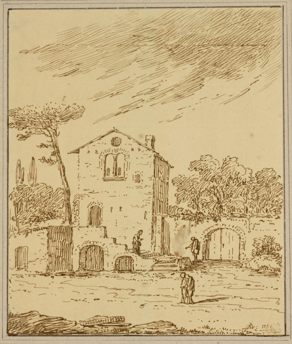 Haus an einer Gartenmauer in italienischer Landschaft, TheodorusWilkens, 1736