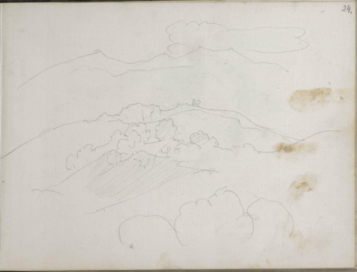 Heinrich Reinhold, Skizzenbuch: Umrisse einer hügeligen Landschaft vor einem Gebirgsmassiv, Inv…