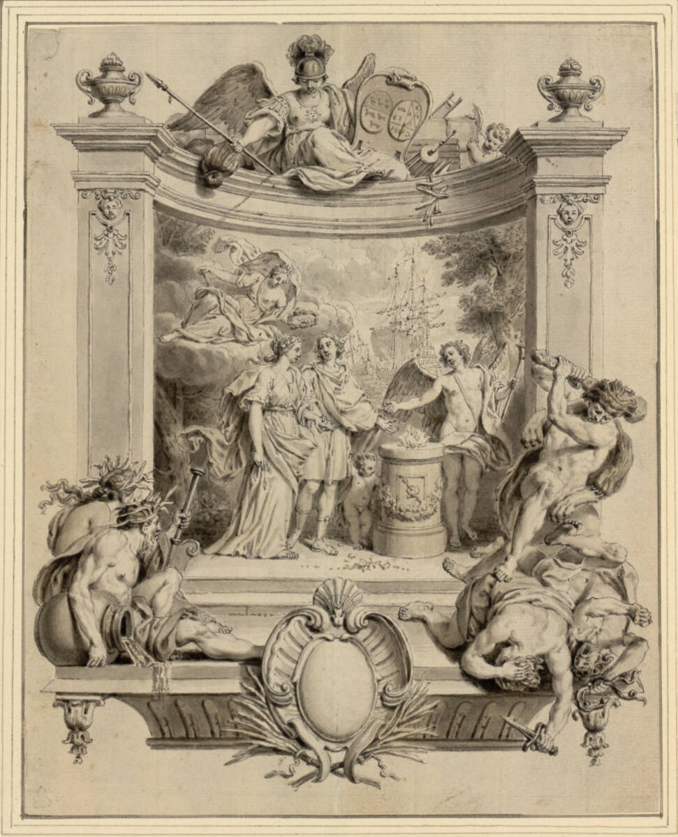 Kartusche mit Seefahrer und Frau an Amors Altar, mit Minerva, Herkules und Flußgöttern in der Rahmung, Louis Fabricius Dubourg