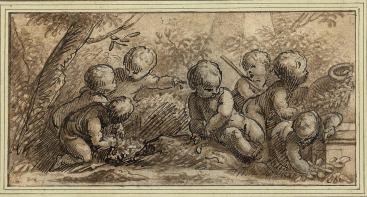 Jacob de Wit, Sieben Putten, rechts eine Vase mit Girlande schmückend  (Basrelief), Inv. Nr.: 1…