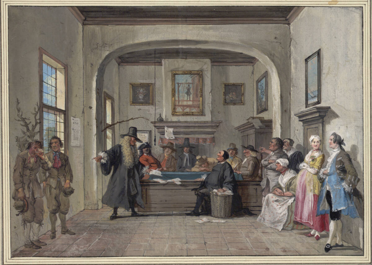Gerichtsszene mit komischen Figuren