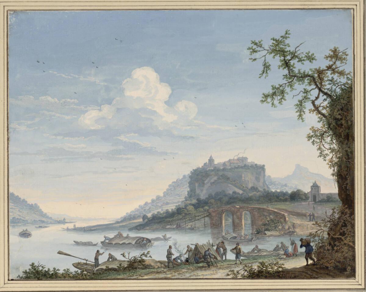 Louis Chalon, Flußlandschaft mit Kähnen und lagernden Schiffern, Inv. Nr.: 10686