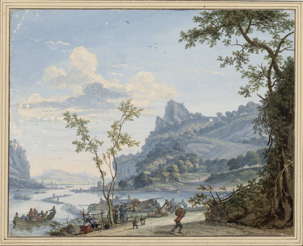 Flußlandschaft mit Kähnen, die am Ufer entladen werden, LouisChalon, 1738