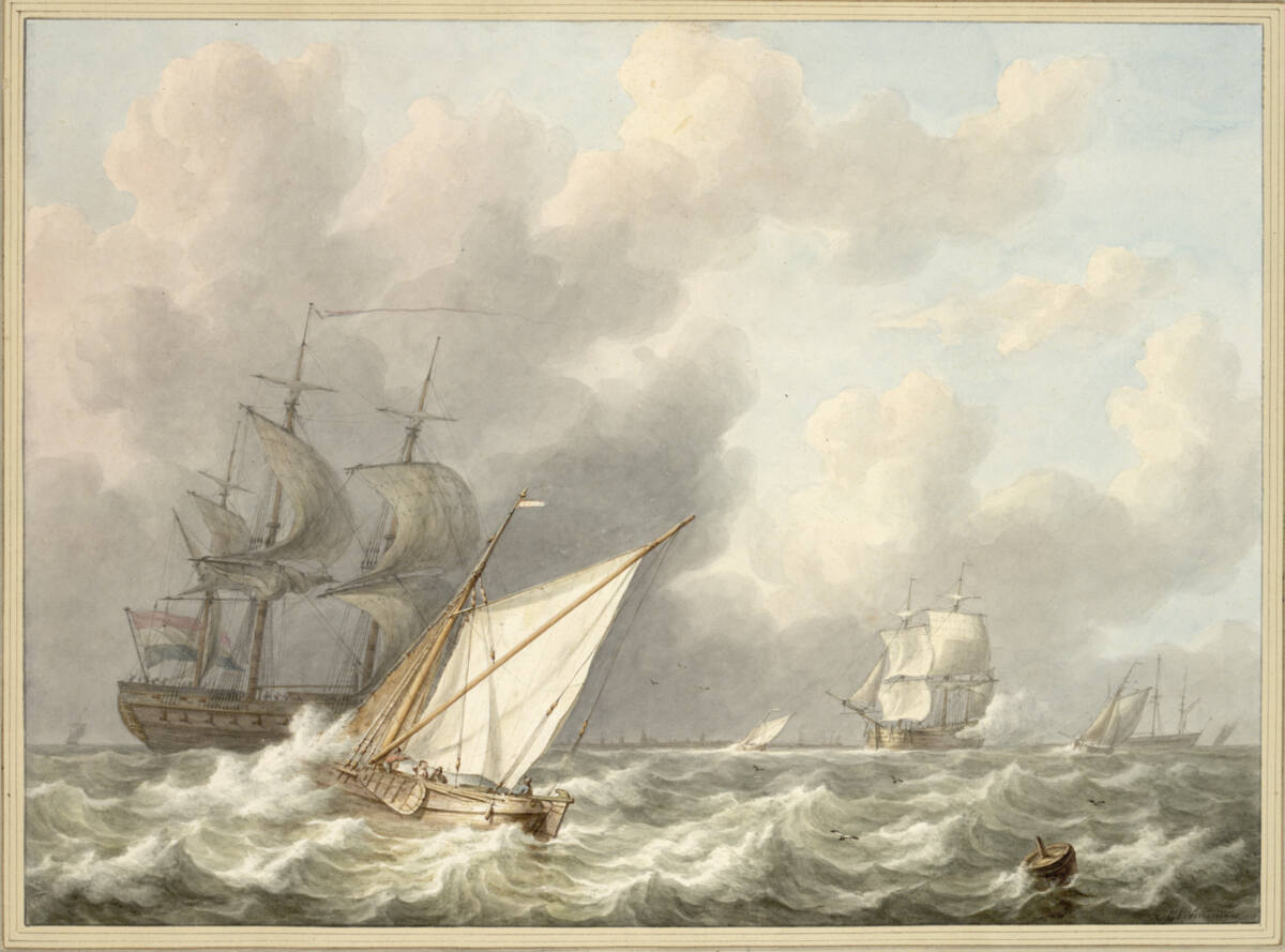 Stürmische See mit Kriegsschiffen und Segelbooten, MartinusSchouman