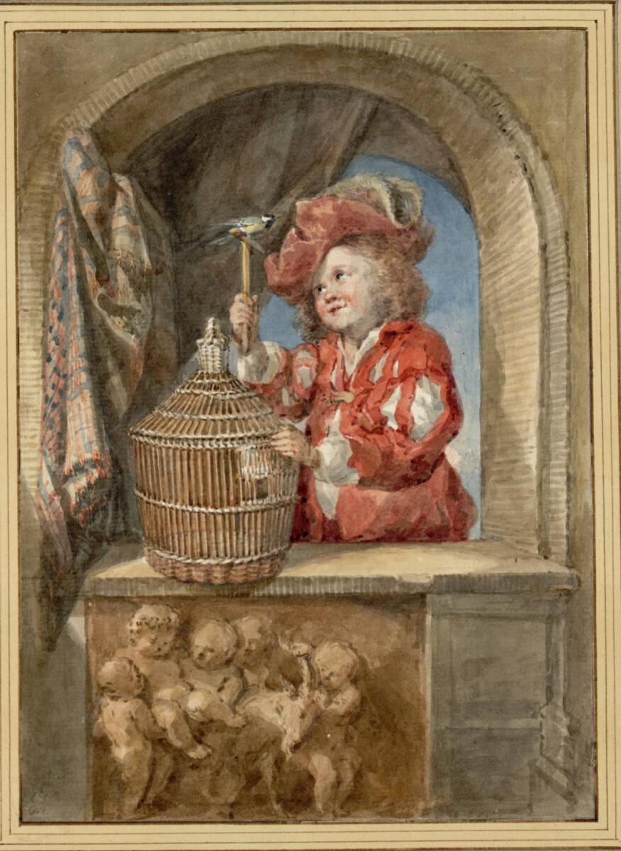 Aert Schouman, Knabe in rotem Kostüm, mit Kohlmeise und Vogelbauer am Fenster, Inv. Nr.: 10695