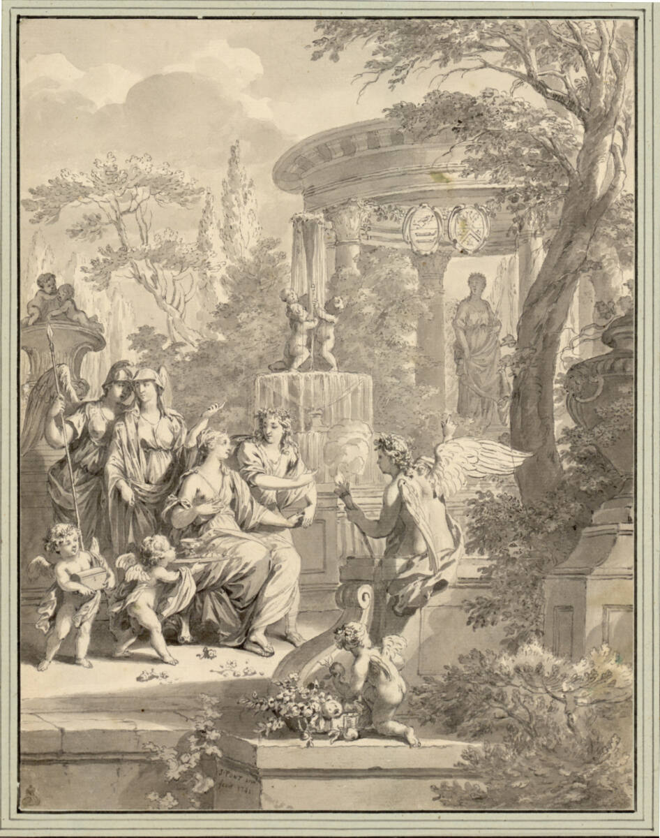 Sitzende junge Braut, umgeben von Genien und Amoretten, weiter hinten ein Rundtempel mit Juno-Statue (Stichvorlage), JanPunt, 1741