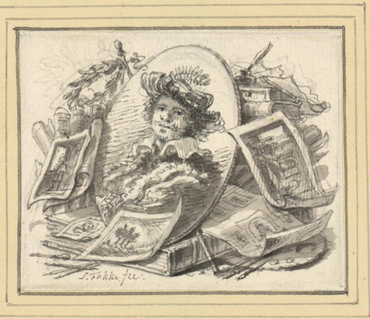 Simon Fokke, Vignette mit Rembrandtbildnis, umgeben von Malerutensilien, Inv. Nr.: 10702
