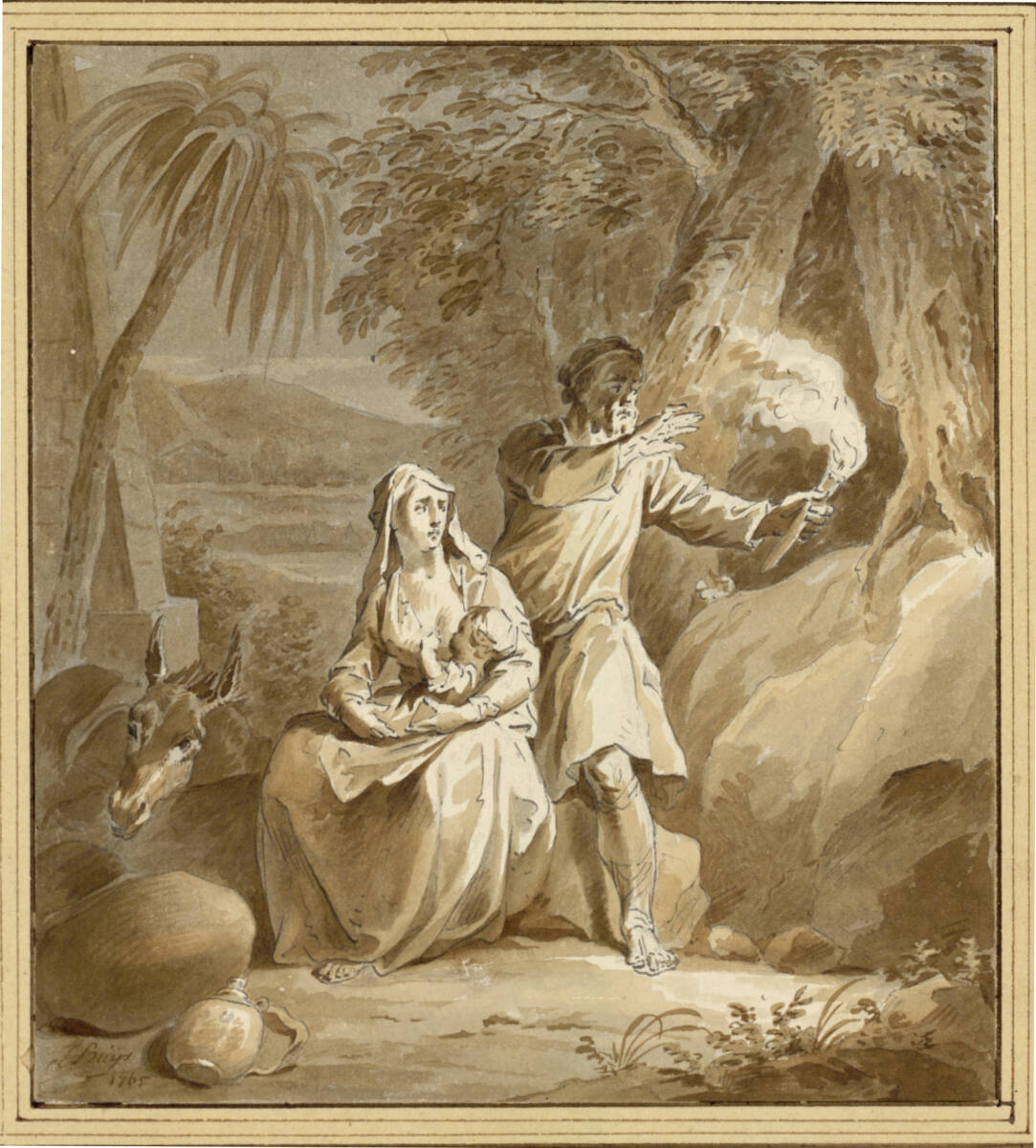 Ruhe auf der Flucht (Nachtszene, Josef mit Fackel), Jacobus Buys, 1765