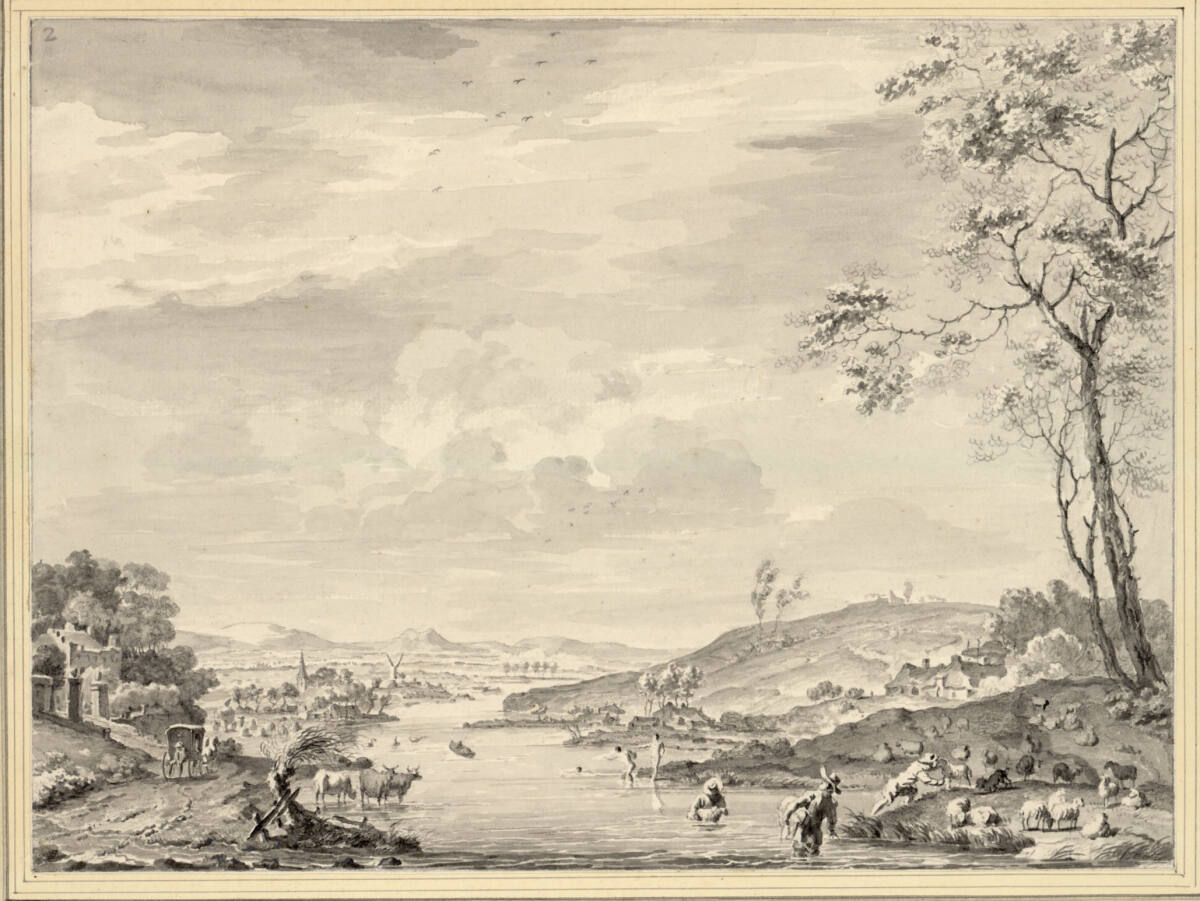 Flußlandschaft mit Schafe waschenden Hirten, Kühen und Badenden (Sommer und Mittag), Hendrik Pothoven