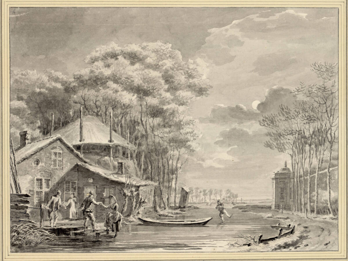 Winterlandschaft bei Vollmond, mit Bauernhaus und Staffage an einem zugefrorenem Kanal (Winter und Nacht), Hendrik Pothoven