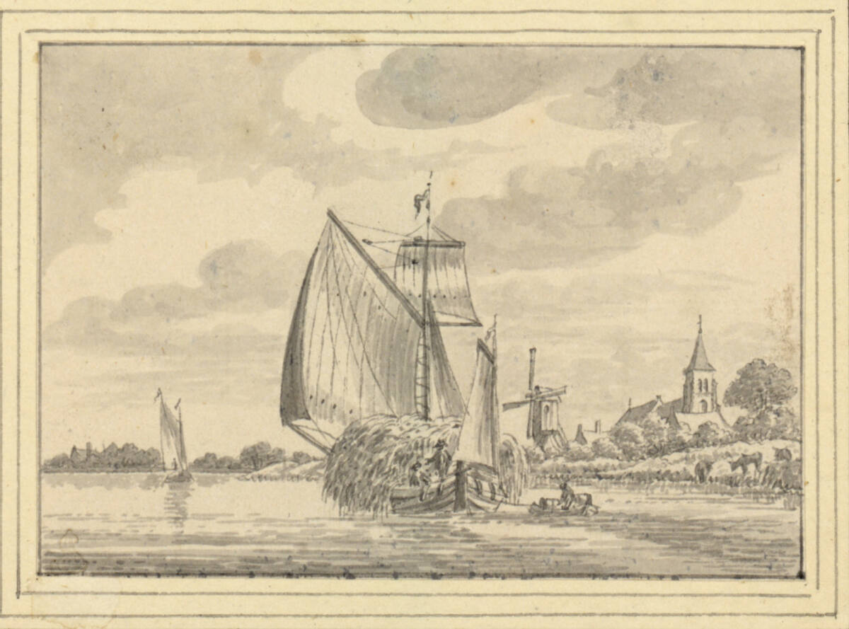 Mit Heu beladenes Segelboot in holländischer Flußlandschaft, DirkvanderBurg
