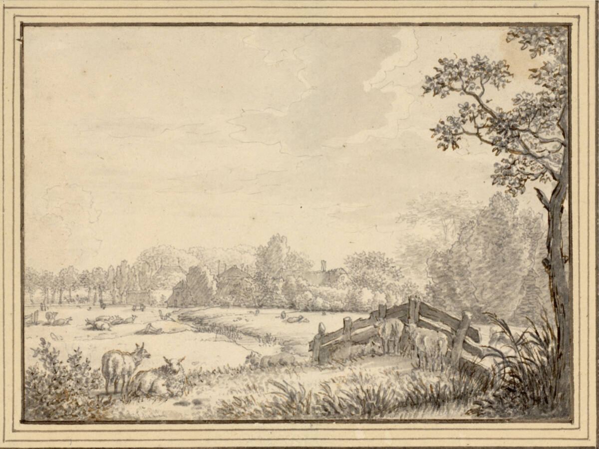 Baumreiche Weidelandschaft mit Schafen bei einem Zaun, JacobEliaslaFargue