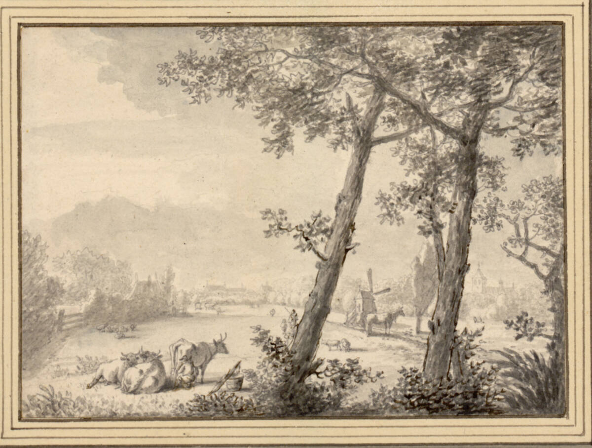 Baumreiche Weidelandschaft mit Kühen und einem Melker, JacobEliaslaFargue