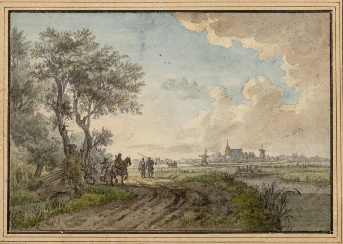 Karel la Fargue, Landschaft mit Straße an einem Kanal, Stadt und Windmühlen in der Ferne (Südwe…