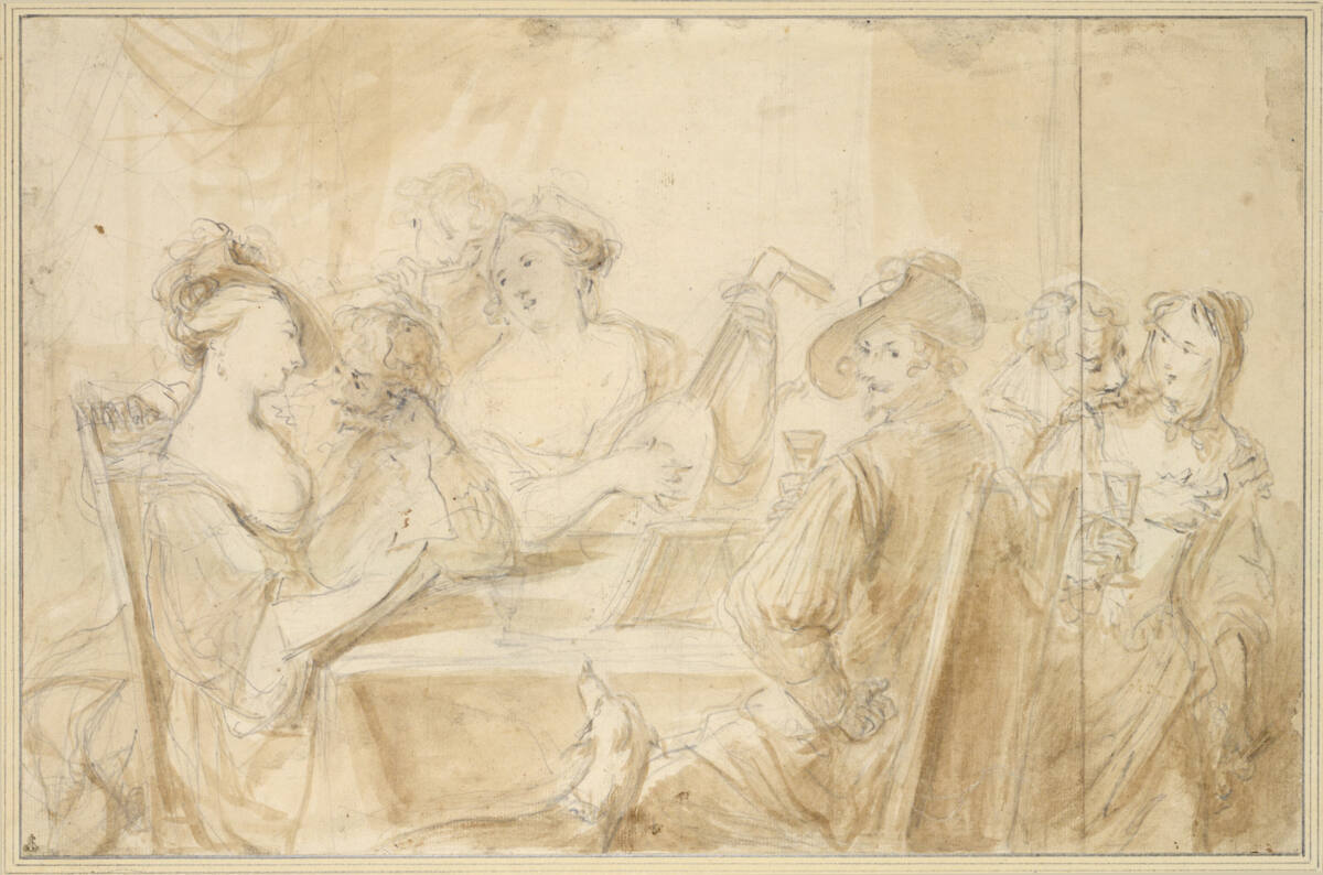 Tischgesellschaft mit trinkenden und musizierenden Liebespaaren, PhilippJosephTassaert
