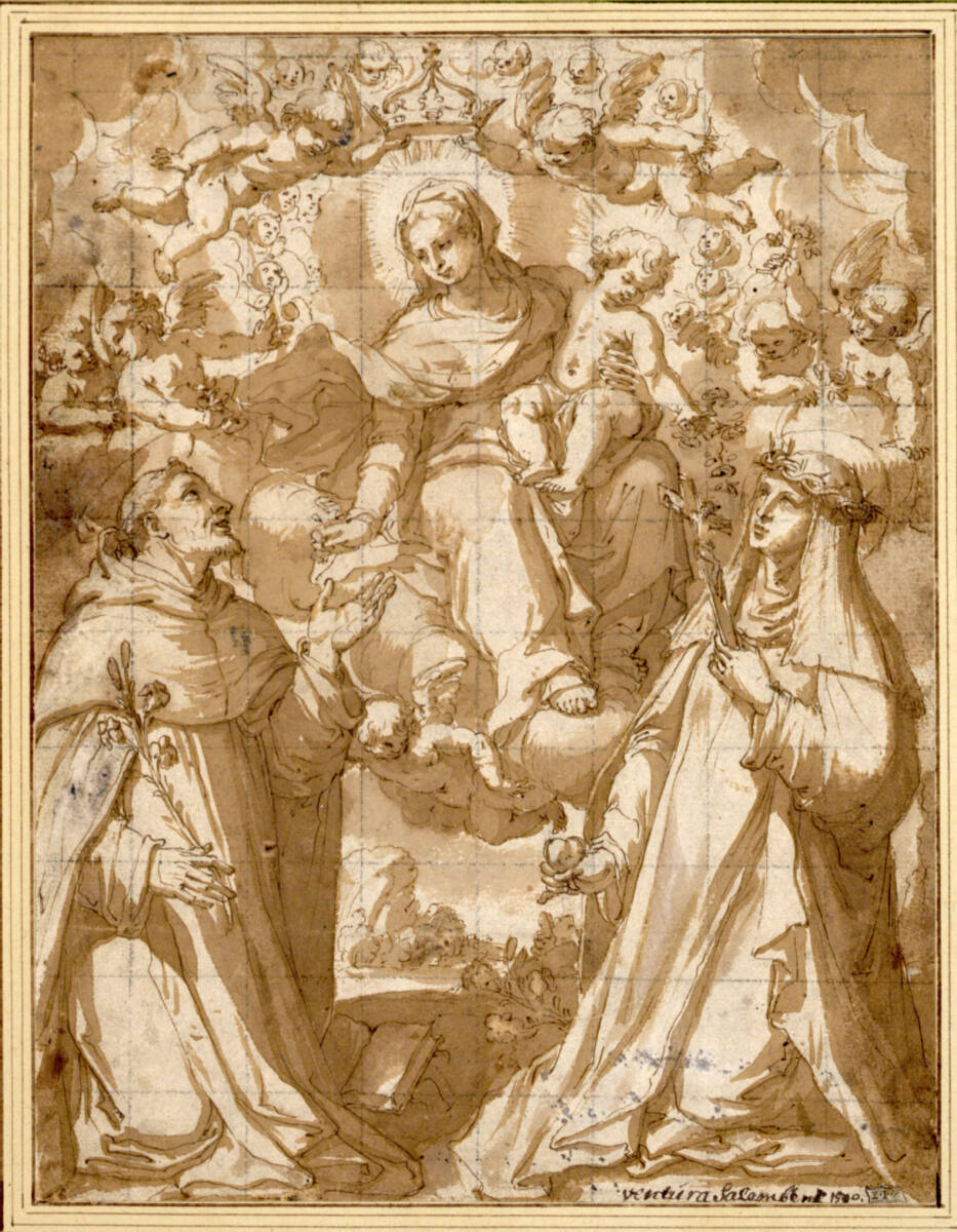 Madonna del Rosario. (Die Jungfrau reicht dem links knienden heiligen Dominikus eine Rose herab; das Kind streut Rosen auf die rechts kniende heilige Therese), Ventura Salimbeni