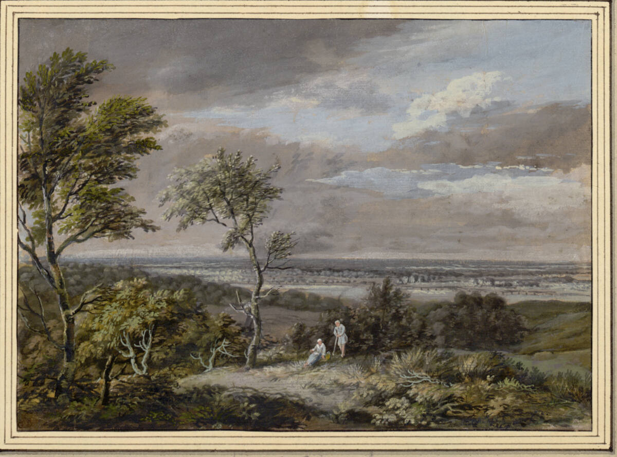 Blick über eine weite Landschaft, von einer Anhöhe mit Bäumchen und rastendem Paar, GerritBattem