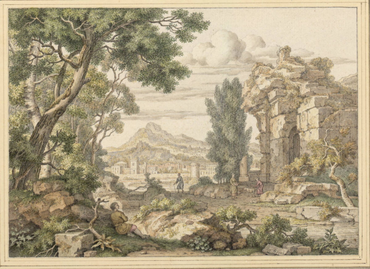 Arkadische Ruinenlandschaft mit einem Rastenden im Vordergrund, JohannesdeBosch