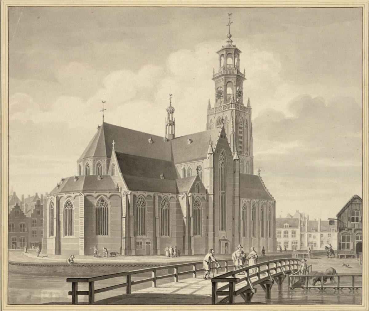Ansicht der Kathedrale von Rotterdam, mit Holzbrücke und Pferdeschwemme im Vordergrund, LeendertBrasser