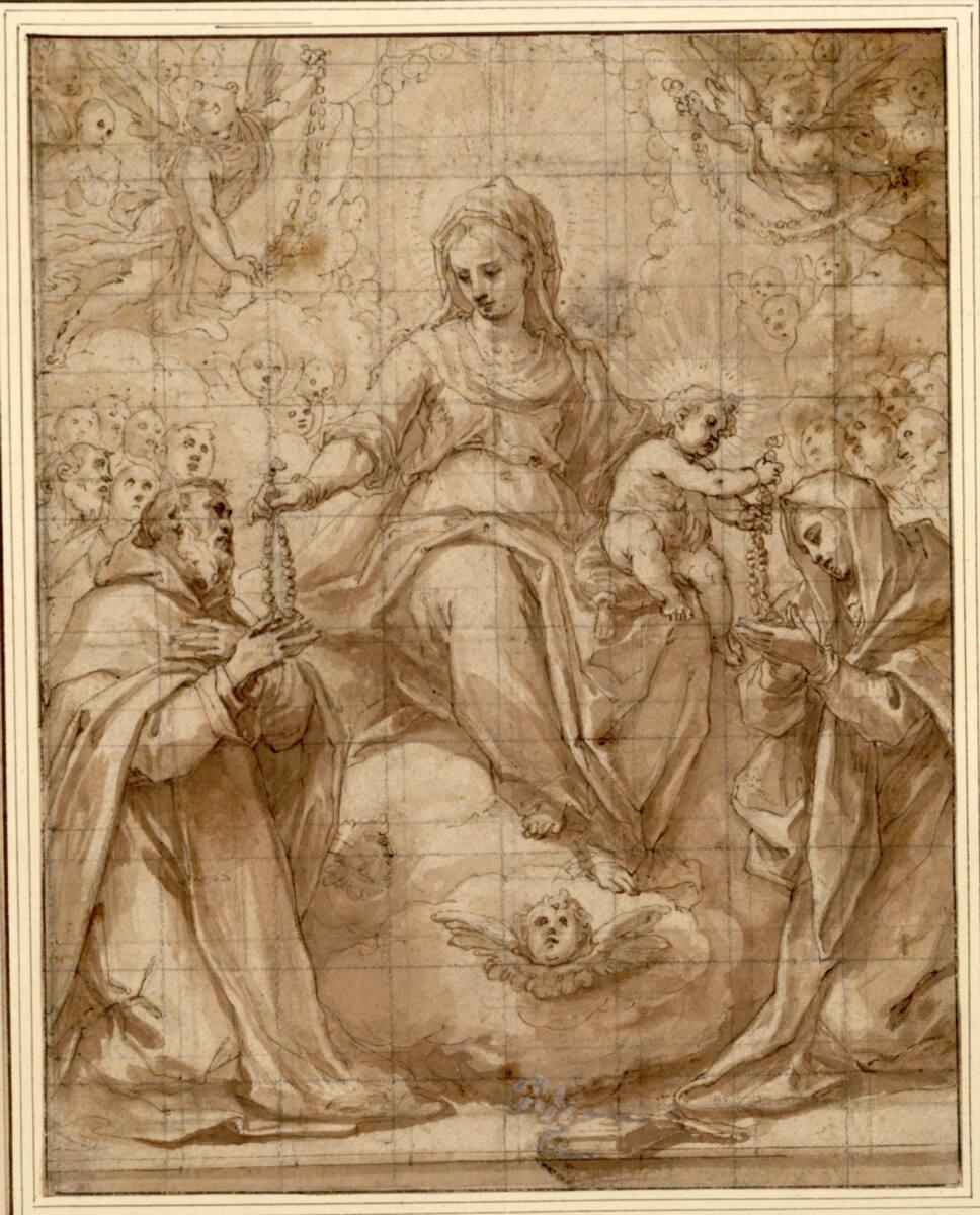 Cristoforo Roncalli, gen. Pomarancio, Rosenkranzmadonna (Die Jungfrau reicht dem heiligen Domin…