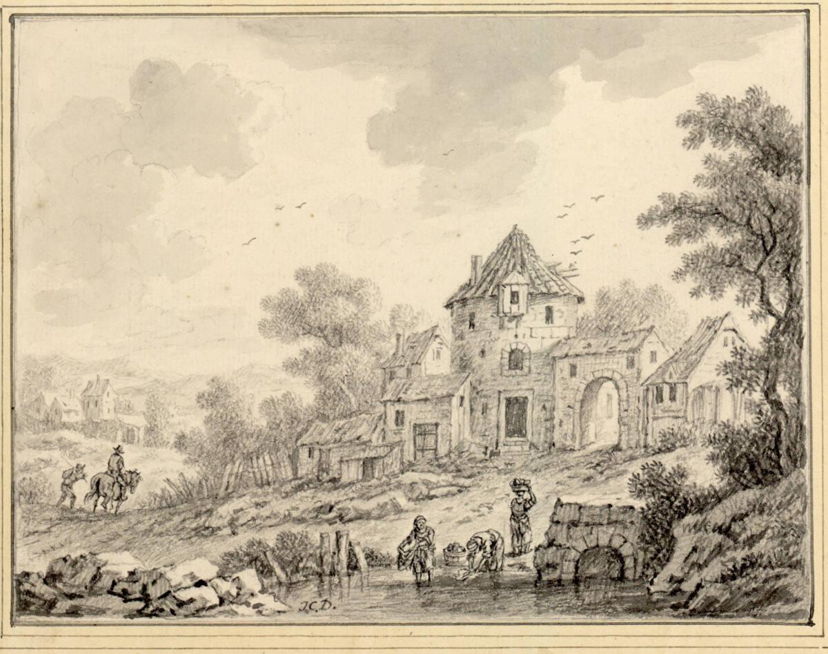 J.C. Dietzing, Blick auf alten Rundturm am Dorfrand, davor Wäscherinnen am Wasser, Inv. Nr.: 10…