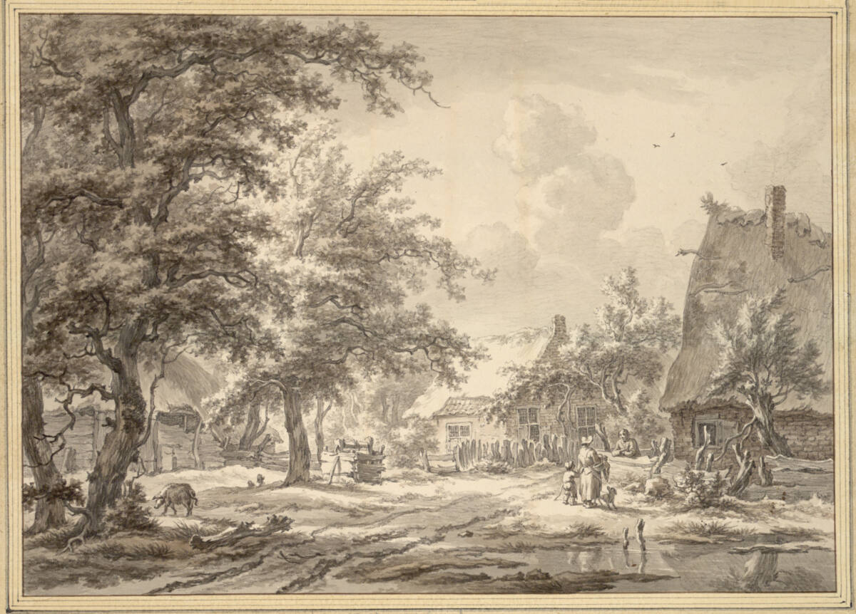 Dorfstraße unter Bäumen und tratschenden Bauern, Egbert van Drielst