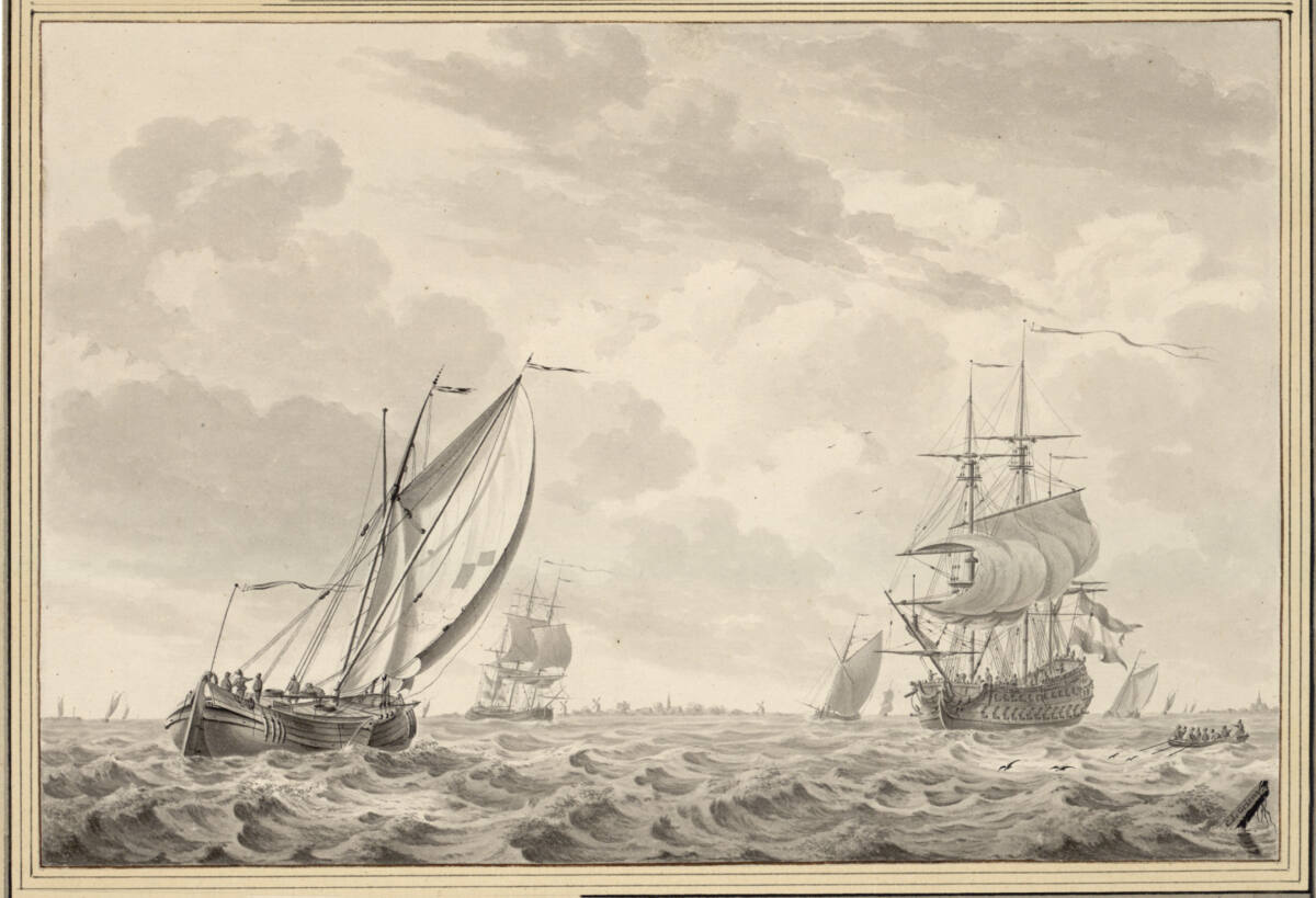 Boote und Kriegsschiff bei starkem Wind, nahe der holländischen Küste, CornelisdeGrient