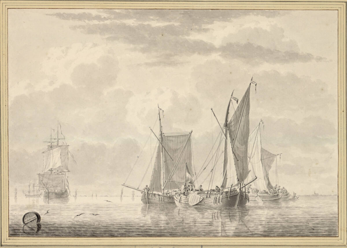 Segelboote und Schiffe auf ruhiger See, CornelisdeGrient