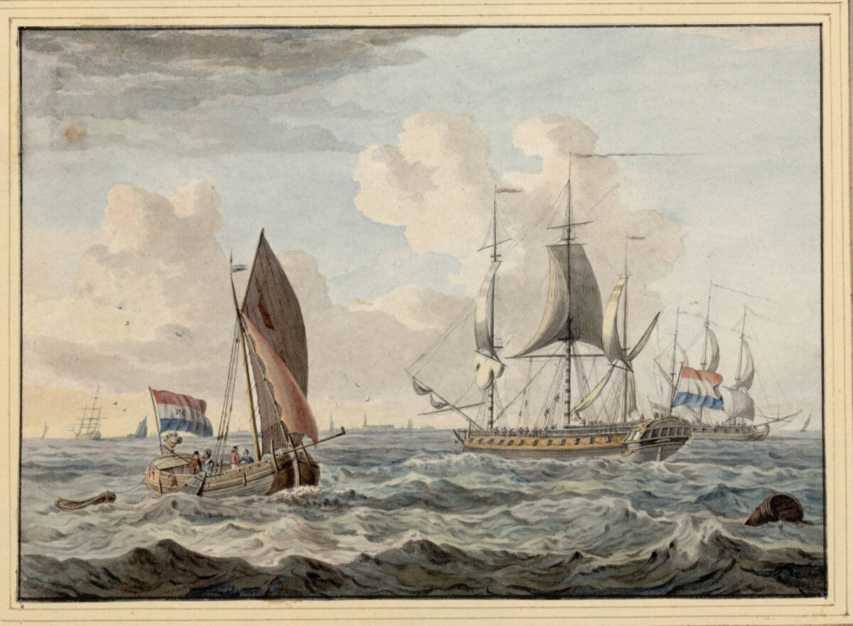 Segelboote und leichte Kriegsschiffe bei kräftigem Wind, CornelisdeGrient
