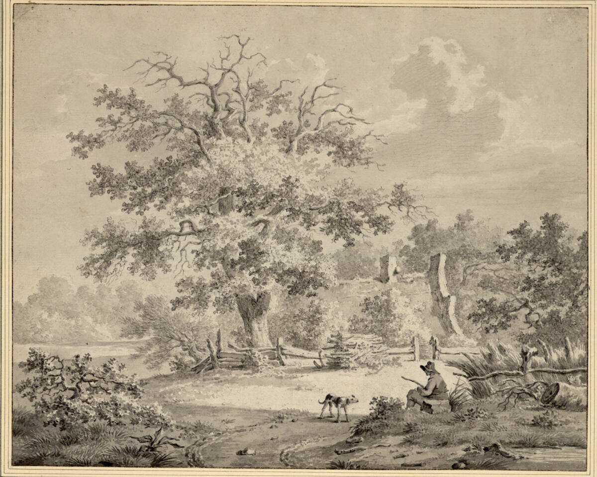 Baumreiche Landschaft mit sitzendem Hirten und Hund, CarelLodewijkHansen